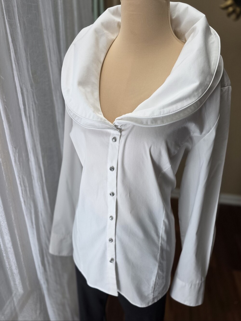White Oversized Statement Collar Crystal Button Blouse Soft Surroundings Large